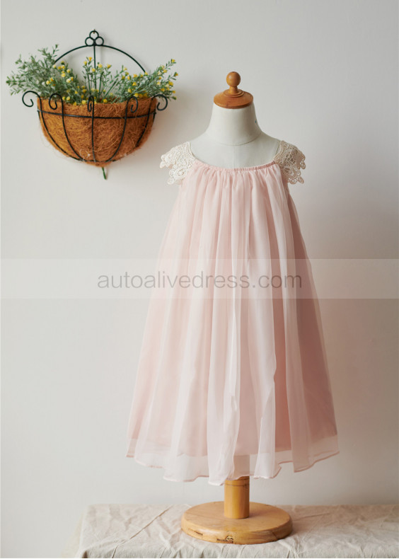 Blush Pink Lace Sleeves Chiffon Knee Length Flower Girl Dress